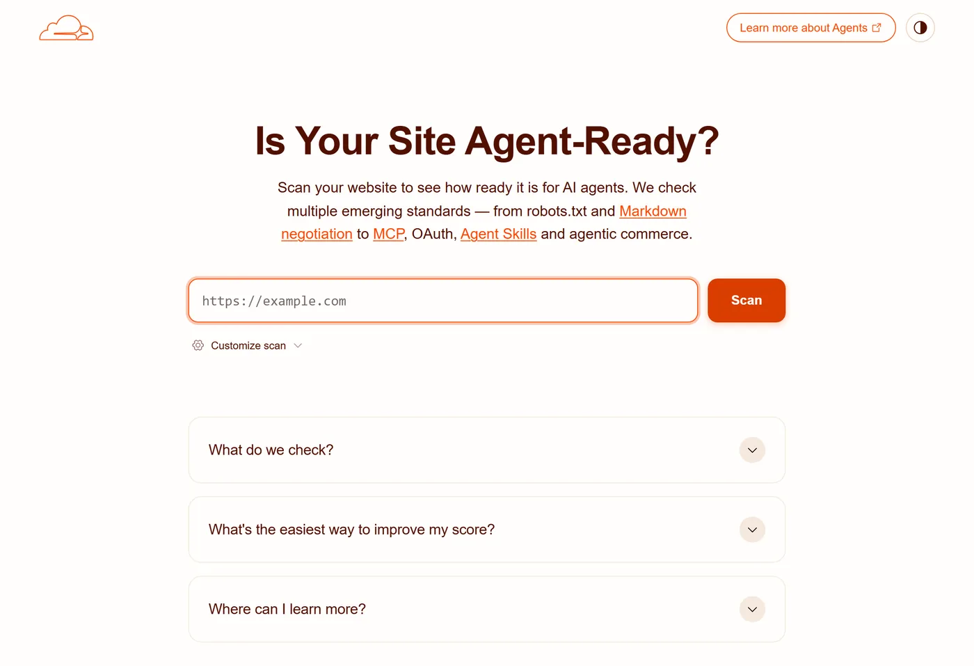 Cloudflare Agent Readiness の診断ツール画面